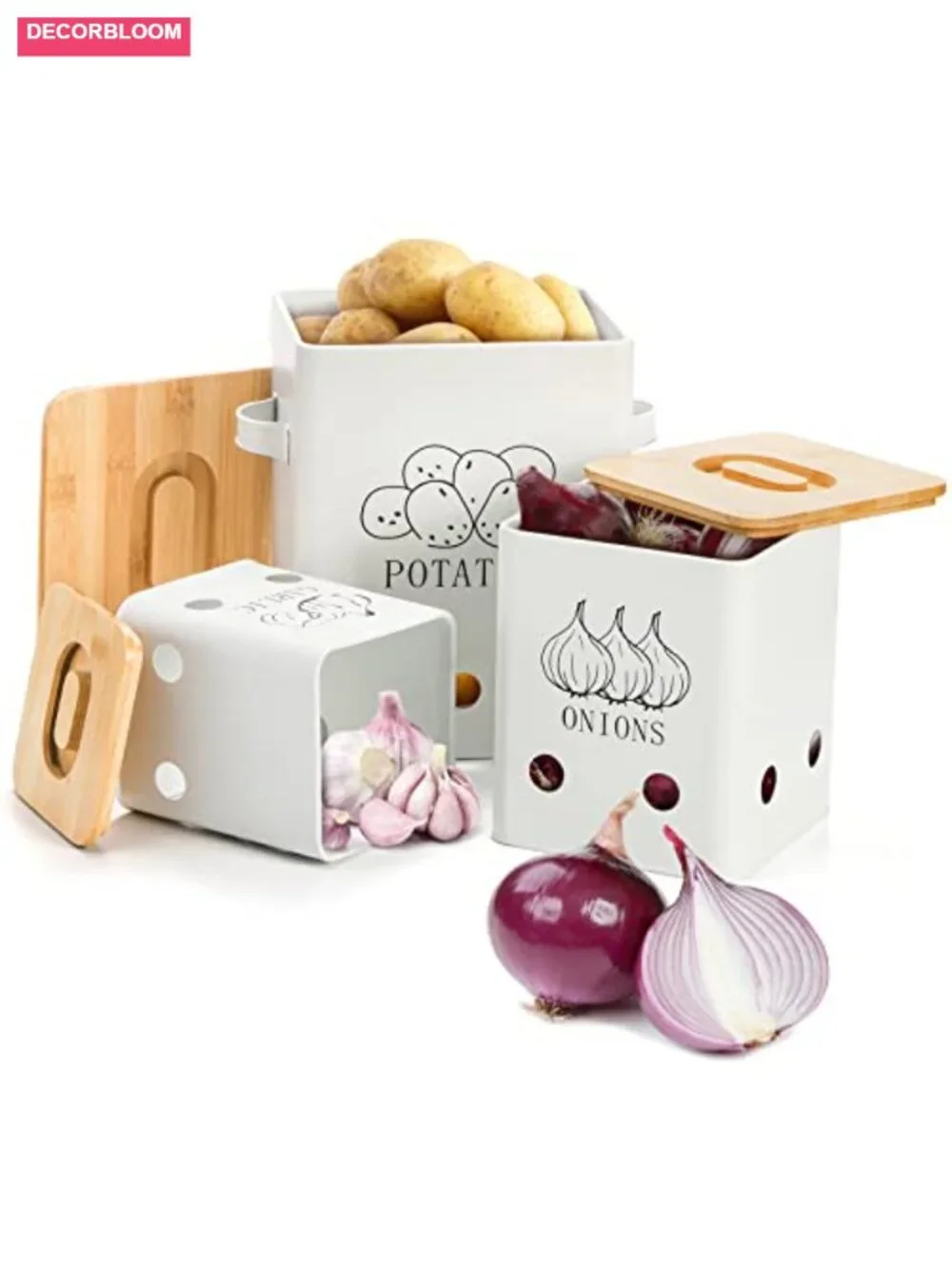 3 Pack Metal Vegetable Storage Tins with Wooden Lids, Onion Garlic Potato